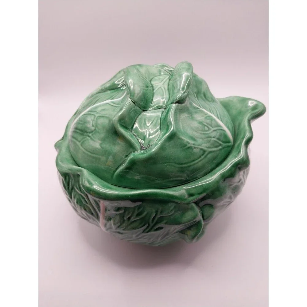 Holland Mold Co. Green Leaf Design Ceramic Covered Dish Vintage Serveware USA